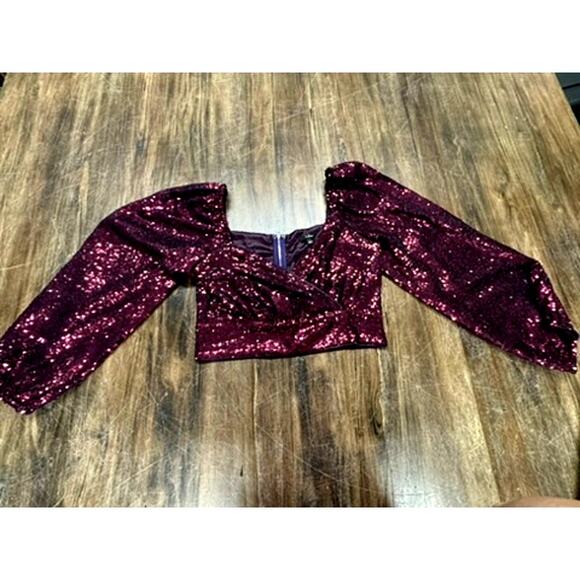 LULUS Half Blouse Top,Sequins.Bishop Sleeve, Zipper BackPurple,Fairy,Goth - Picture 4 of 12